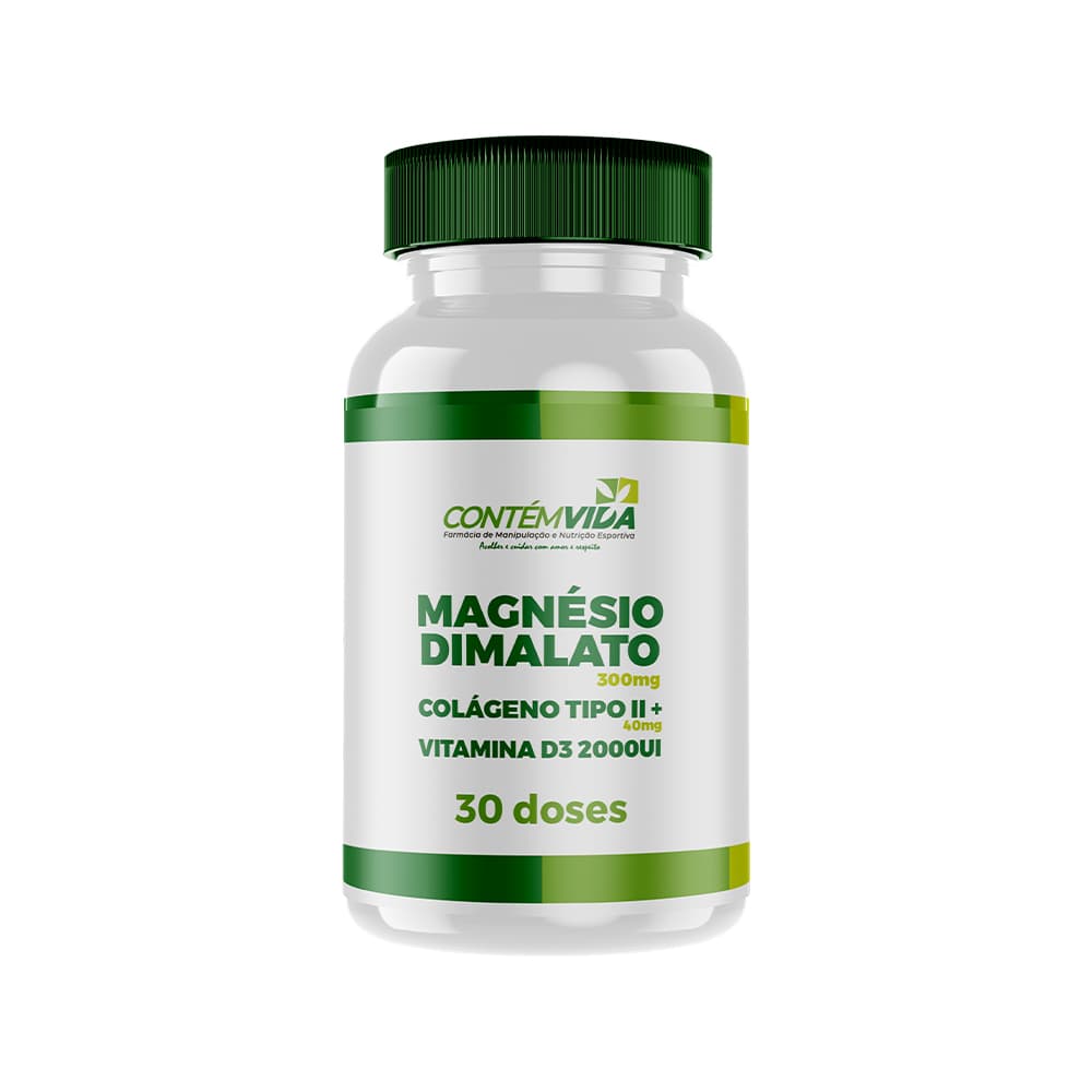 Magnésio Dimalato 100mg + Colágeno Tipo II 40mg + Vitamina D3 2000UI | 30 doses
